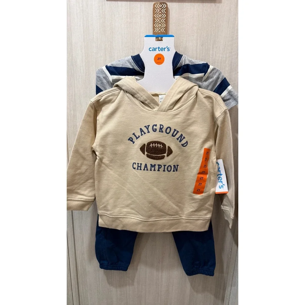 Carters Boys 2T 3 Piece Set Football Hoodie Striped Tee Blue Joggers NEW